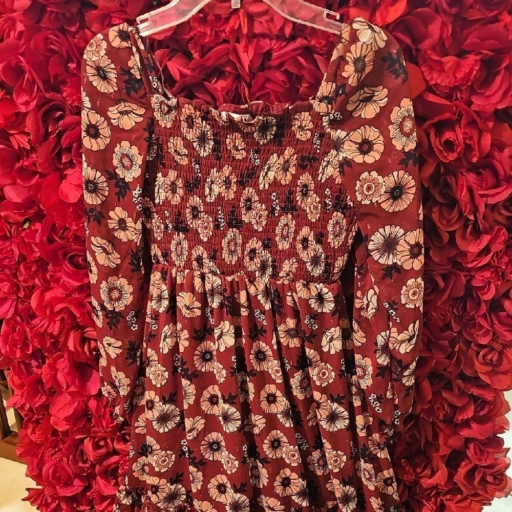 Rare Editions Floral Burgundy & Pink Ruffle Tier Lined Dress Size Large